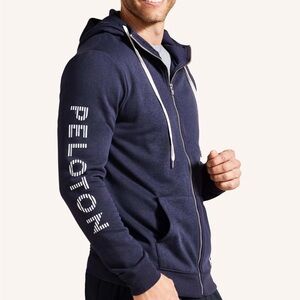 Peloton  Hoodie Full Zip Large Navy Blue Sweatshirt Logo Blue Spellout Sleeve